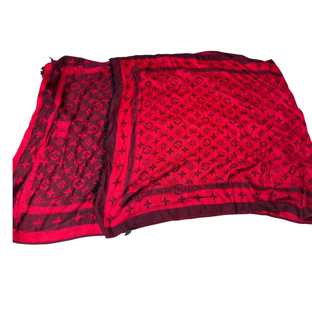 Louis Vuitton Monogram Shawl Red Black Cashmere Silk Scarf LV Logo